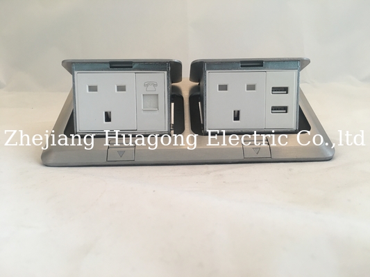 Silver Electrical Ground Floor Power Socket Outlet Box 2 EU Power + 2 Network