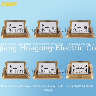 Brass Alloy Floor Mounted Pop Up Floor Socket With 2 Gang Multi Plugs